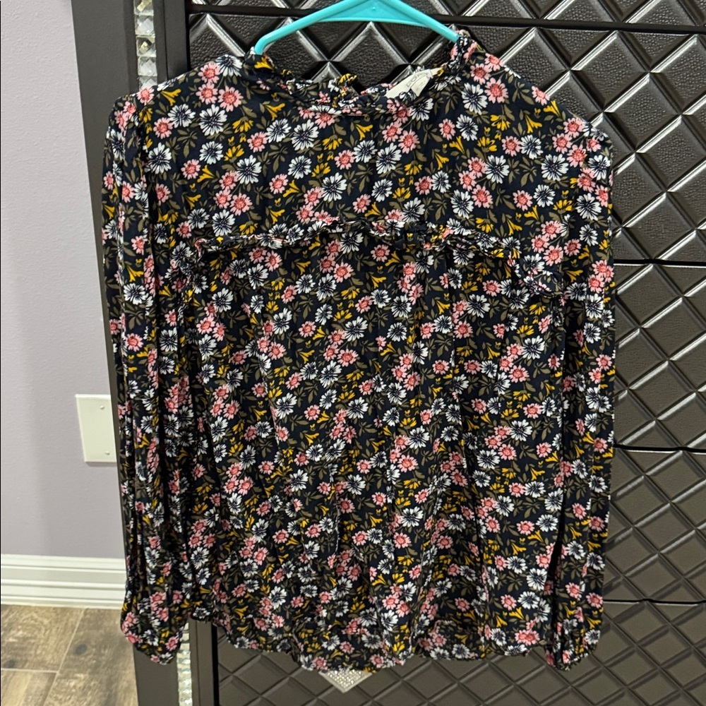 LOFT Dark Floral Top with Pink and Yellow Accents